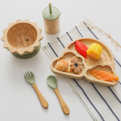 Baby Feeding Tableware Set With Silicone Suction Cups Kid Dinnerware Bowl Plate Fork Spoon Cup Baby Bamboo Feeding Supplies Gift