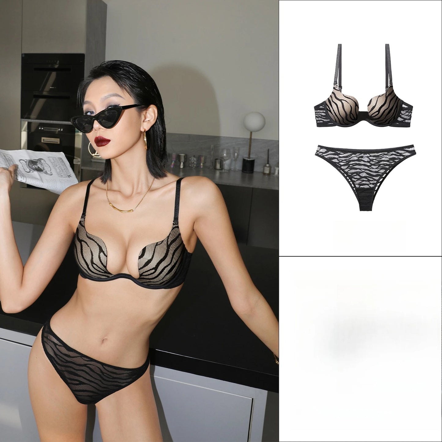 Womens U Shaped Underwire Push Up Bra and Brief Set