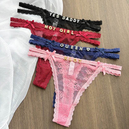 Custom Name Panties Crystal Letters Thong Women Lace Underpants Bikini G-String