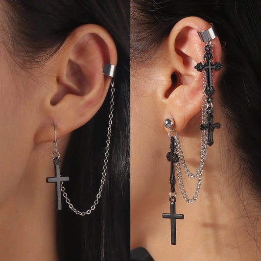 1pc Punk Black Cross Tassel Earrings Clip Stud Earring Christian Gothic Hip Hop Jewelry Metal Chain Ear Ring Earring