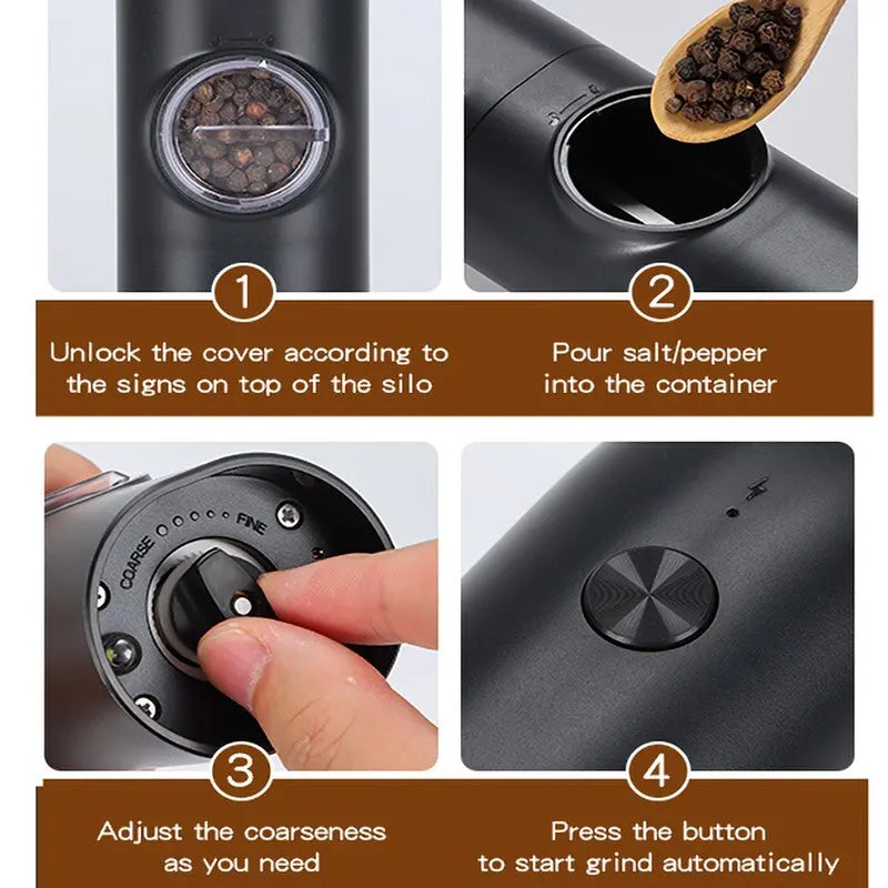 Electric Salt and Pepper Grinder Set with Charging Base and LED Light Adjustable Coarseness Automatic Spice Herb Mill