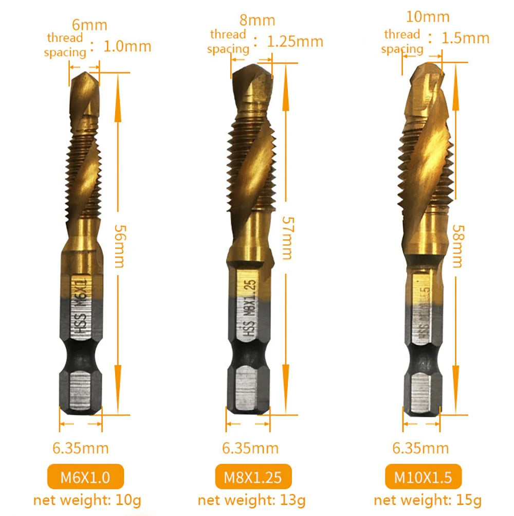 1pcs Hex Shank Titanium Plated HSS Screw Thread Metric Tap Drill Bits Screw Machine Compound Tap M3 M4 M5 M6 M8 M10 Hand Tools