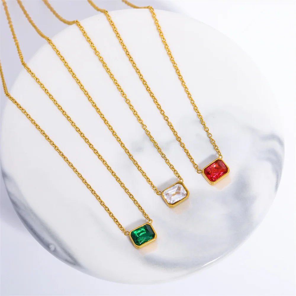 Simple Multicolour Zircon Crystal Rectangle Shape Pendant Necklace for Women Girls Stainless Steel Clavicle Chain Necklaces