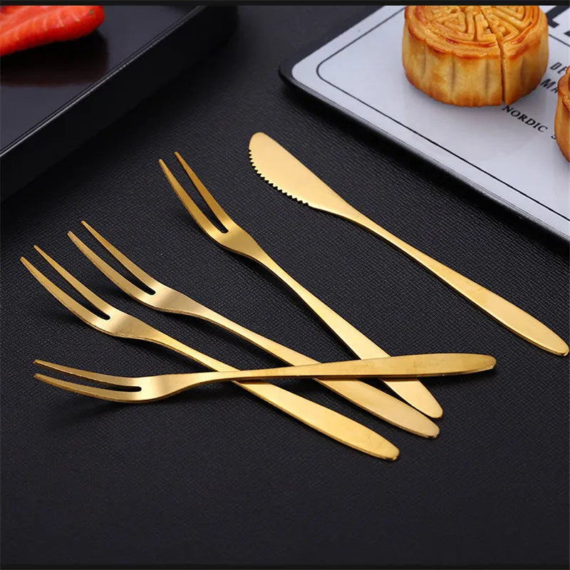 10pcs Stainless Steel Fruit Fork Small Toothpick Multifunctional Fruit Stick Gold Moon Cake Knife Food Picks Kitchen Accessories