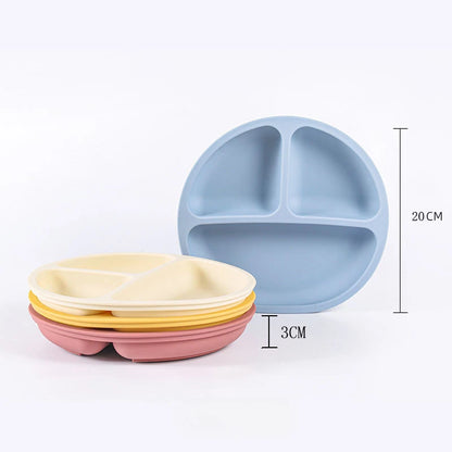 BPA Free Silicone Baby Plate with Spoon Fork Bibs Children Dishes Safe Baby Dining Plate with Suction Smile Face Plates for Kids