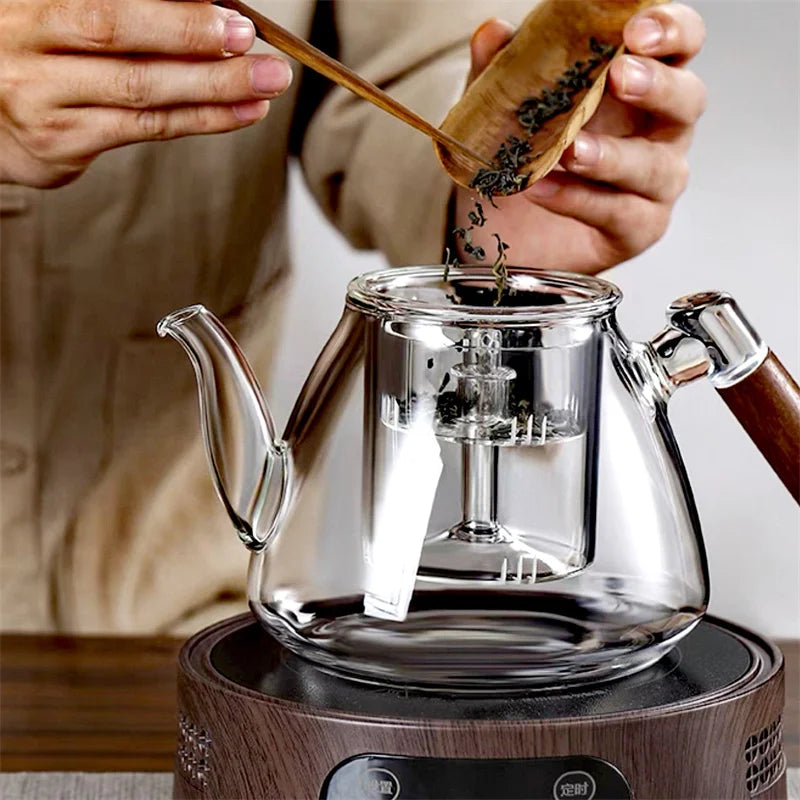 High Borosilicate Glass Teapot with Walnut Handle and Infuser