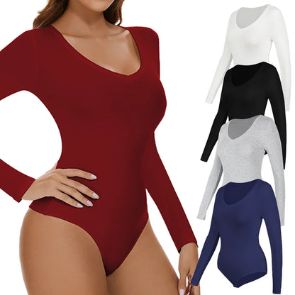 Bodysuit Women Body Shaper V Neck Slimming Jumpsuit Long-sleeved Winter Thermal Underwear Seamless Breathable Base Layer