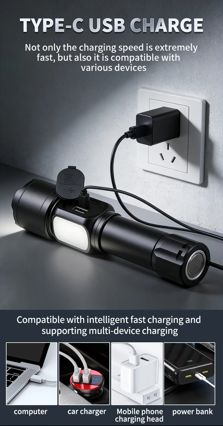 White Laser High Power Rechargeable LED Flashlight with Digital Display Magnet COB Side Light Zoom Torch