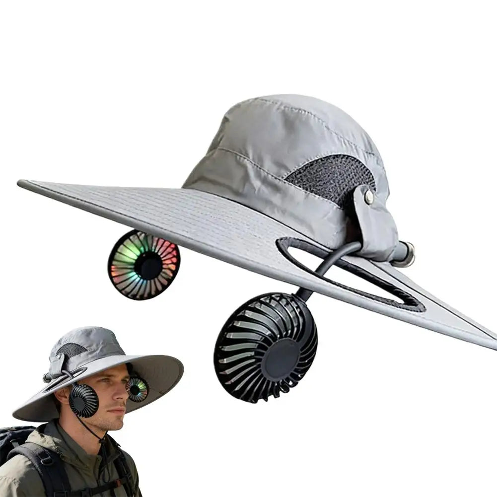 Wide Brim Solar Fan Hat With Dual Fans And USB Charging
