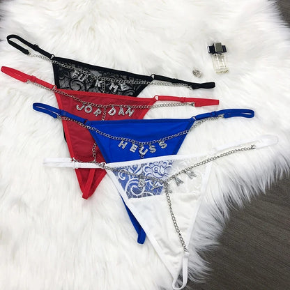 Customized Crystal Letters Name Thong Waist Chain Women Personalized Lace Underwear Bikini G-String Jewelry Gift Briefs