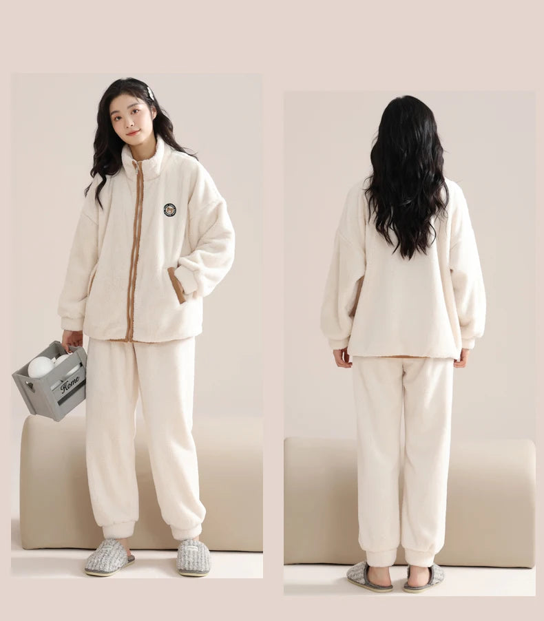 Women’s Winter Flannel Pajama Set – Warm Coral Fleece Loungewear with Cute Bunny Design