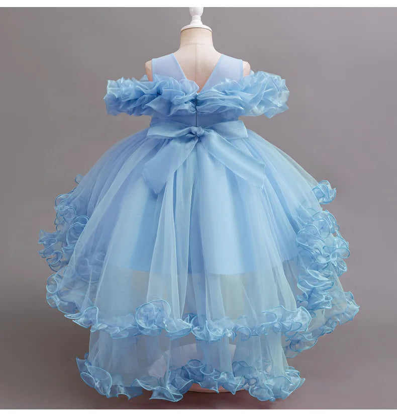 Luxury Off-Shoulder Girls' Dress - Convertible Tulle Ball Gown for Birthday Parties & On-Stage Events