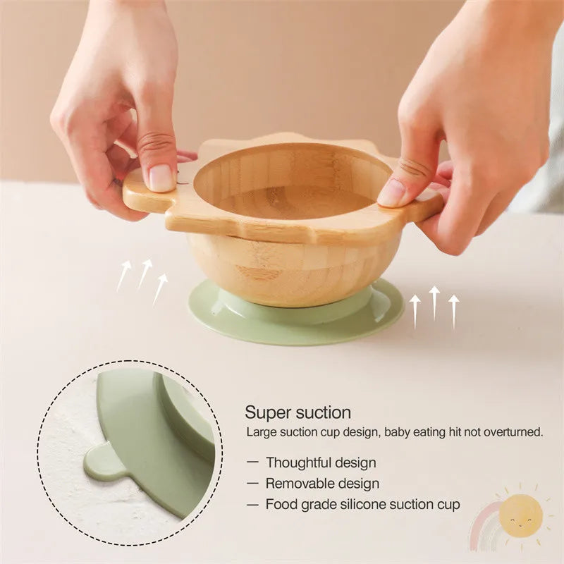 Baby Wooden Tableware Set Sun Bamboo Wooden Plate Bowl Silicone Suction Wooden Handle Fork Spoon for Newborn Feeding Supplies