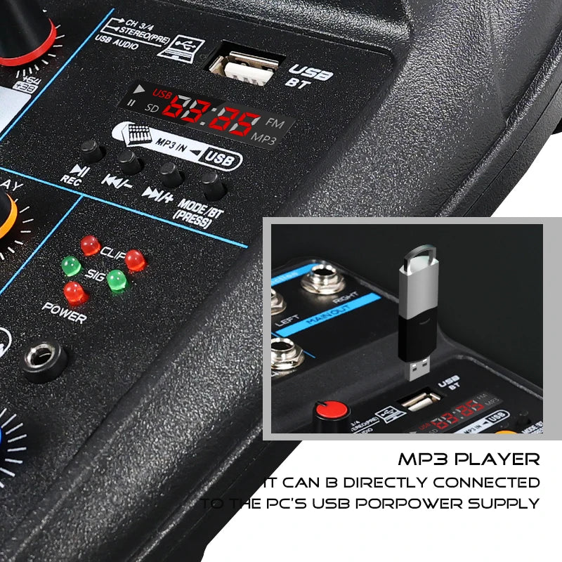 4 Channel DJ Audio Mixer With Bluetooth USB And 48V Phantom Power