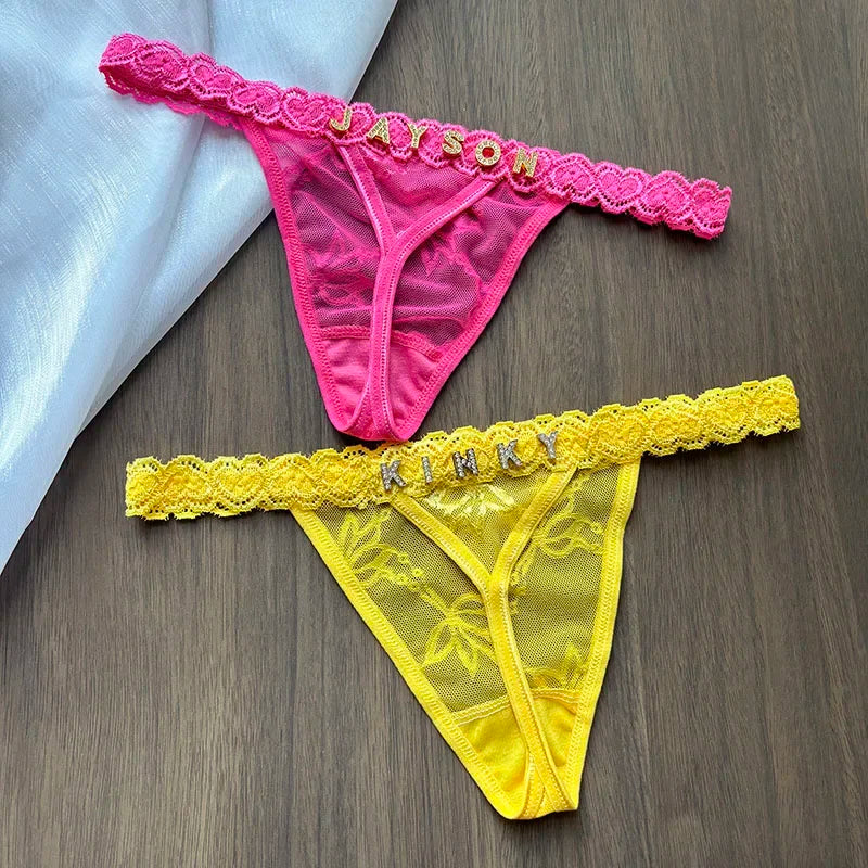 Personality Custom Name Crystal Letter Thong Lace Bikini Panties G-String Low Waist Briefs Body Jewelry