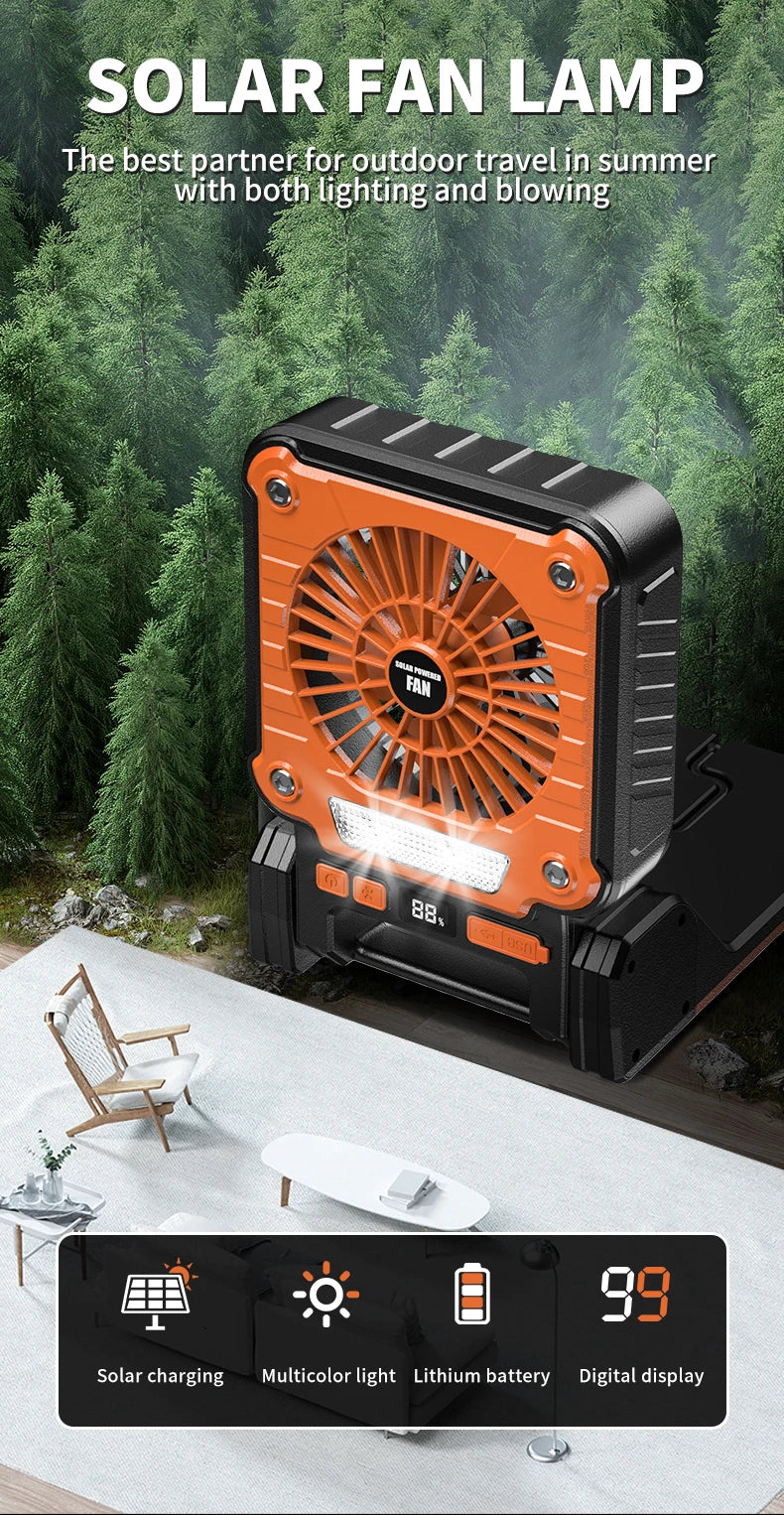 Outdoor Solar Rechargeable Camping Fan Light Foldable Tent Lantern with LED Light USB Portable