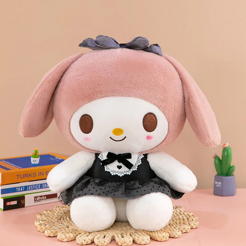 Kawaii Kuromi My Melody Plush Toy with Black Bow Skirt Cute Hello Kitty Stuffed Doll for Kids Birthday Xmas Gift Large Size Toy