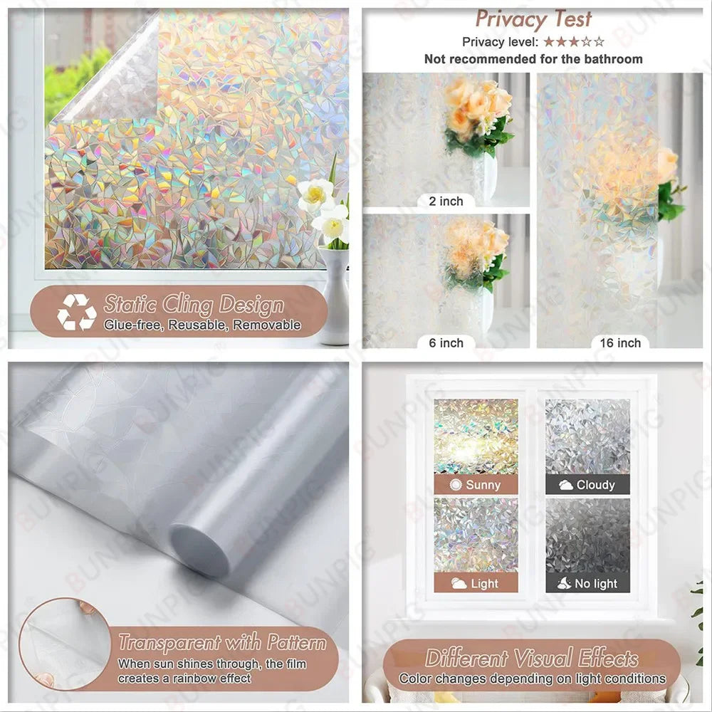 Wide 75/90 Cm Heat Control Rainbow Window Vinyl Security Window Tint Sun Protection Film Non Adhesive Stickers Stained Glass