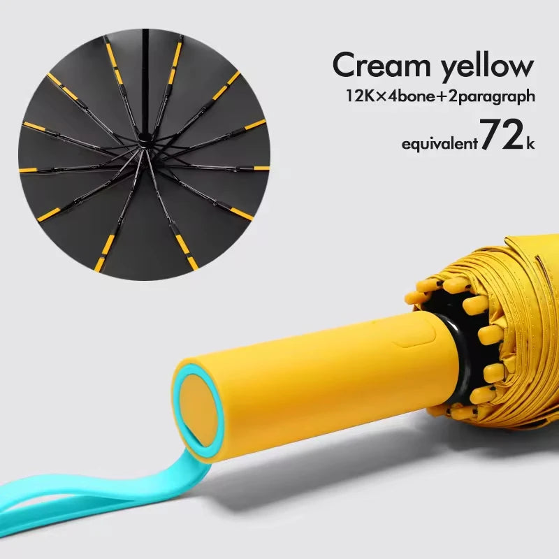 Automatic 12 Rib Folding Umbrella Three Fold Sun Rain Windproof UV Protection Compact Travel Umbrella