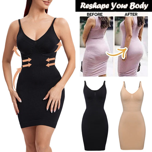 Full Slip Shapewear Women Dress V Neck Bodycon Underwear Smooth Compression Body Shaper Slimming Waist Abdomen Belly Corset