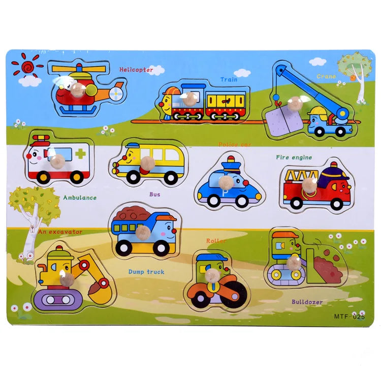 Montessori Wooden Puzzles Hand Grab Boards Toys Tangram Jigsaw  Educational Toys Cartoon Vehicle Animals Fruits 3D Puzzles