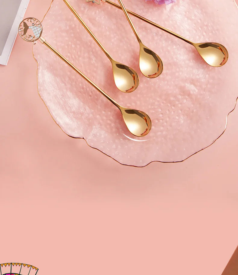 Colorful Cherry Spoons Long Handle Dessert Spoon 304 Stainless Steel Petal Teaspoons Catoon Blossom Star Fish Shape Home Decor