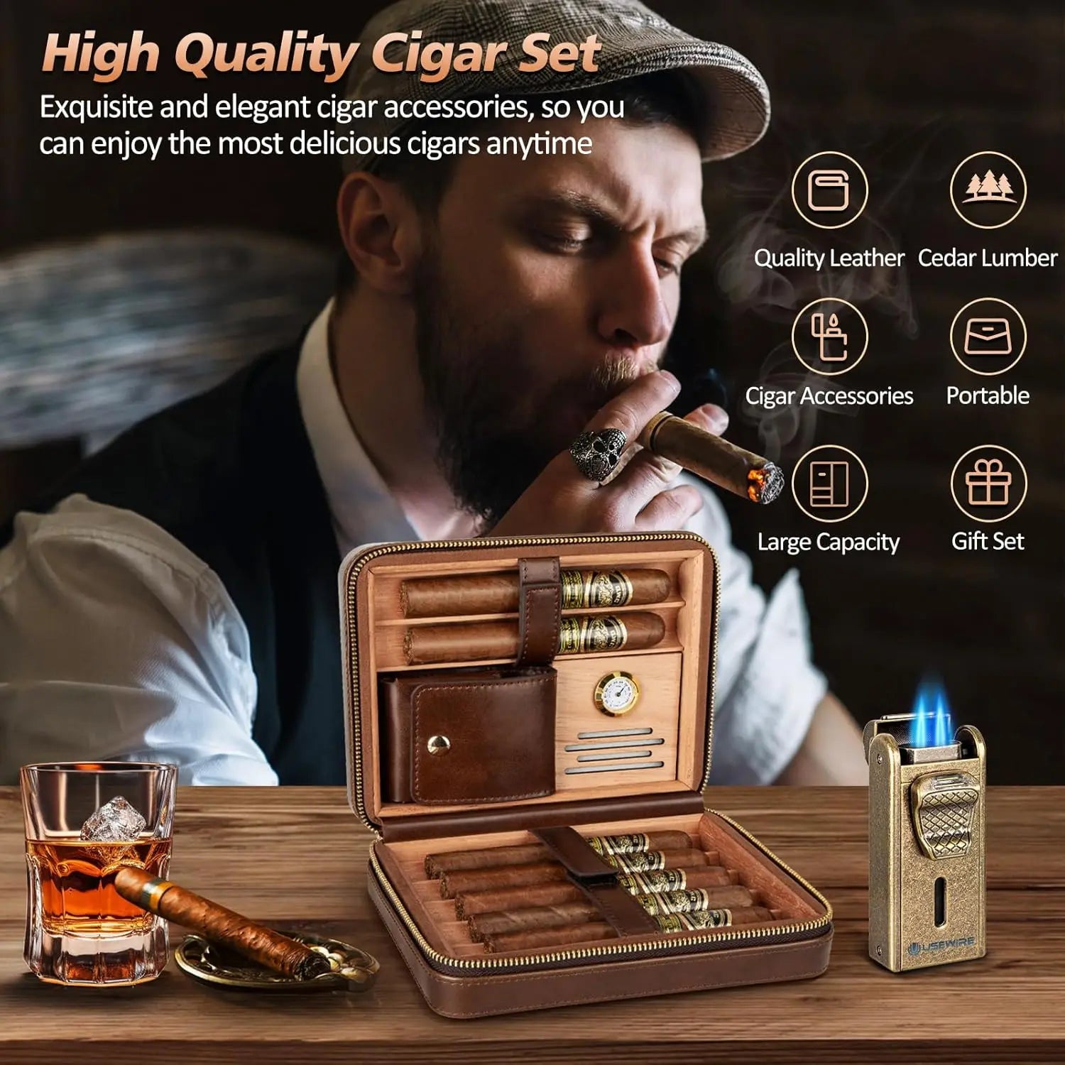 Leather Cigar Humidor with Cigar Lighter,Built-in Straight Cigar Cutter and Cigar Punch,Humidifier and Cedar Tray