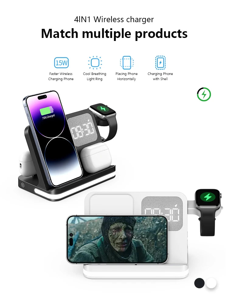 Clock, desktop, mobile phone, headphones, watch, wireless charger, both entertainment and charging not wrong