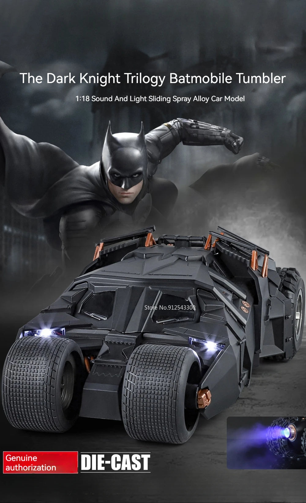 Large Scale 1:18 Batmobile Car Model Toy The Dark Knight Trilogy Sound Light Sliding Spray Alloy Vehicle Models Ornaments Gifts