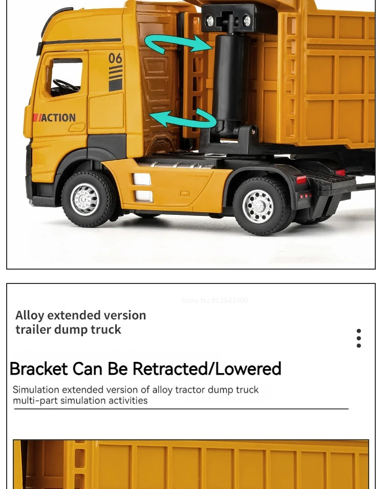 1/50 Extended Dump Truck Model Toy Metal Diecasting Doors Opened Sound Light Pull Back Vehicle Models Ornaments 's Gifts