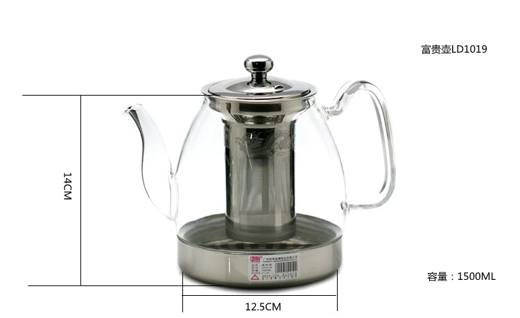 Heat Resistant Borosilicate Glass Teapot with Stainless Steel Infuser for Induction Cooker 1.2L