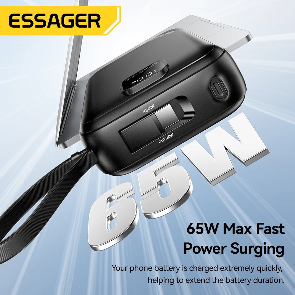 20000mAh 65W Power Bank PD Fast Charging USB-C Portable Charger with Built-in Cables & Digital Display