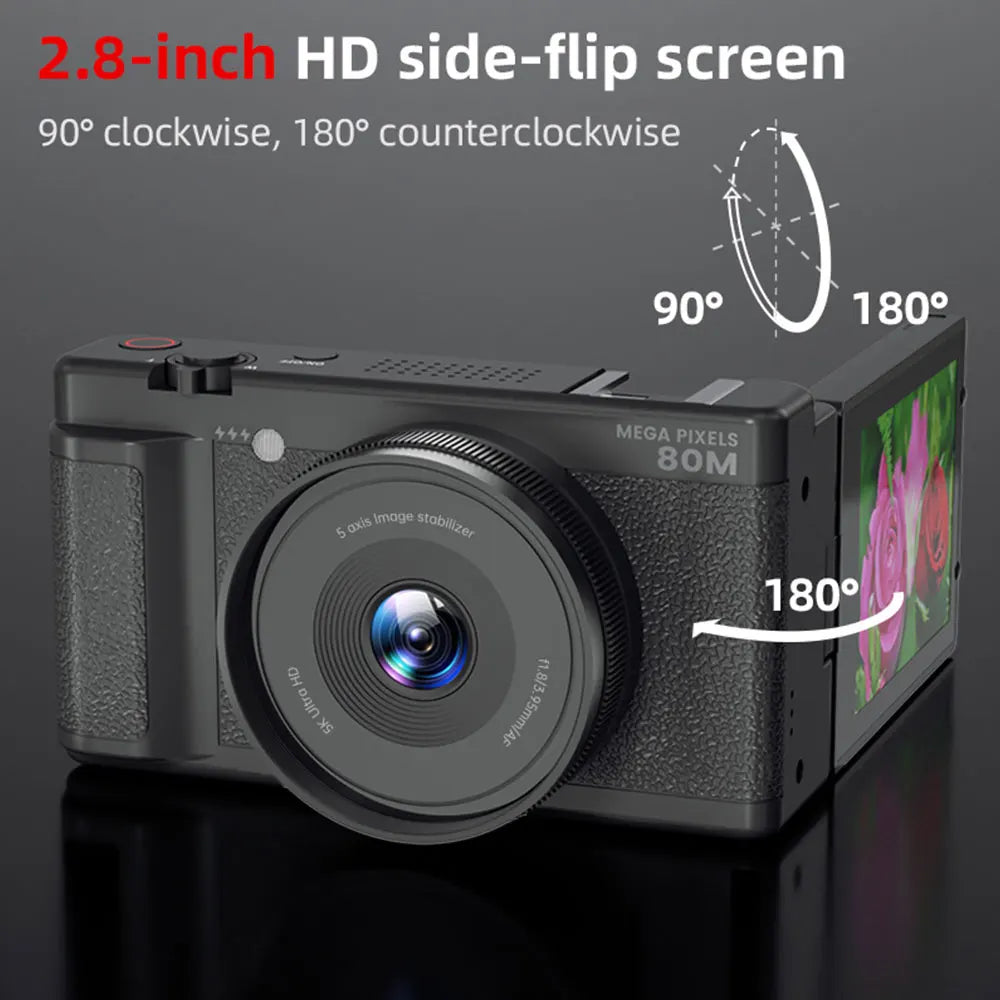 5K 80MP Digital Camera with 6-Axis Stabilization, 270° Flip Screen & 18X Zoom for Vlogging Photography