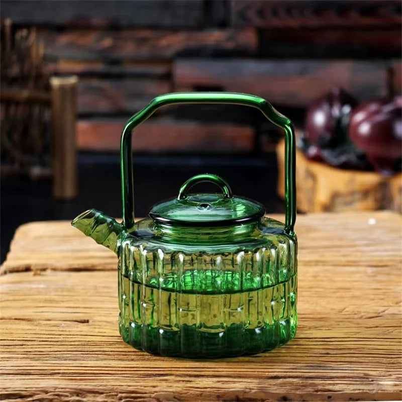 Green Bamboo Shape Glass Teapot with Built In Filter
