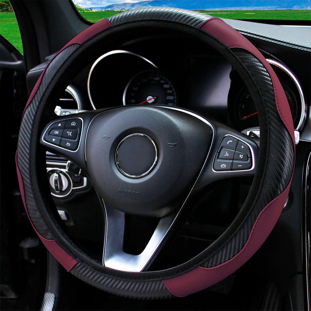 PU Carbon Fiber Leather Car Steering Wheel Cover 37CM 38CM