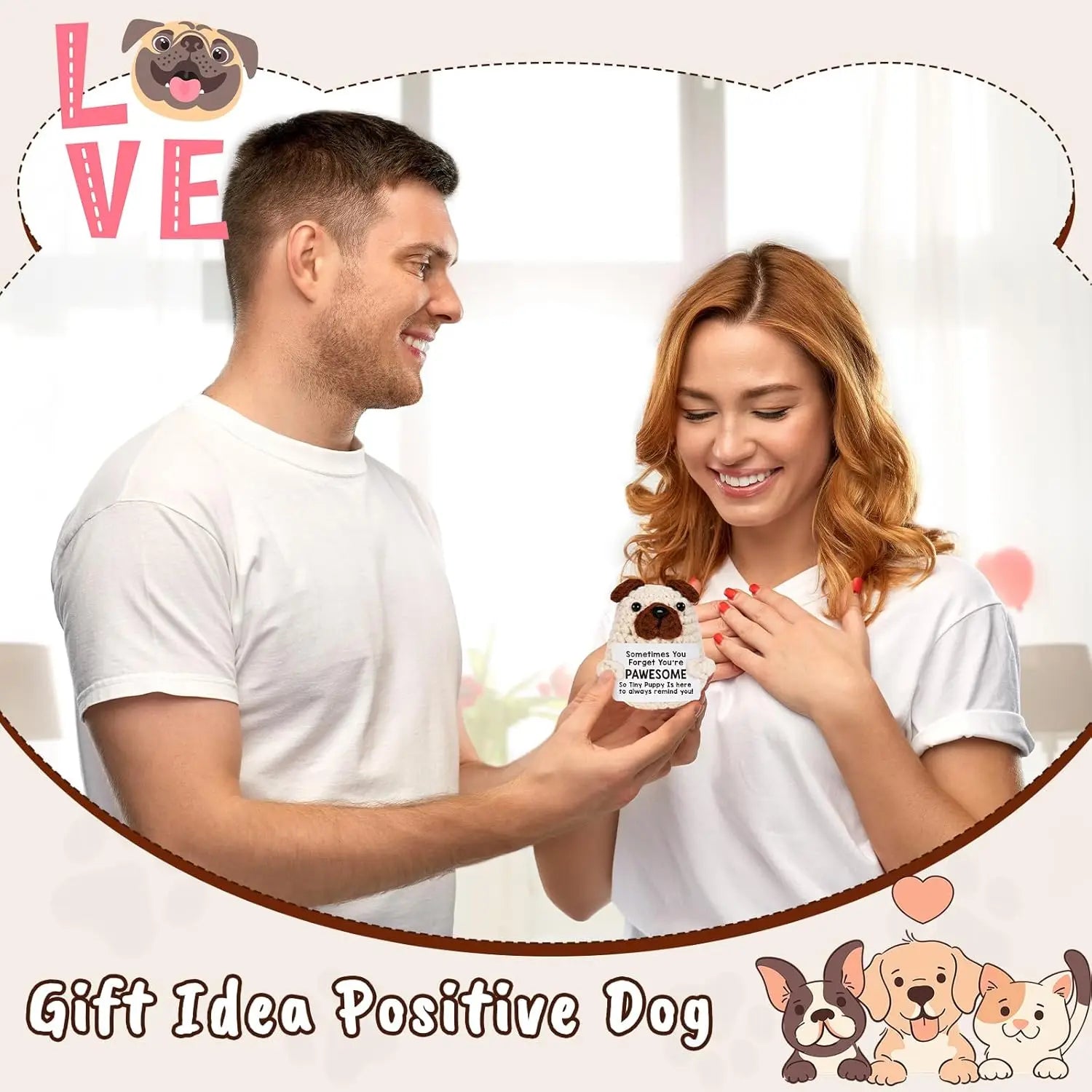 3 Pcs Funny Crochet Positive Energy Puppy With Card Desktop Ornament Handmade Knitted Emotional Support Dog doll Home Room Decoration