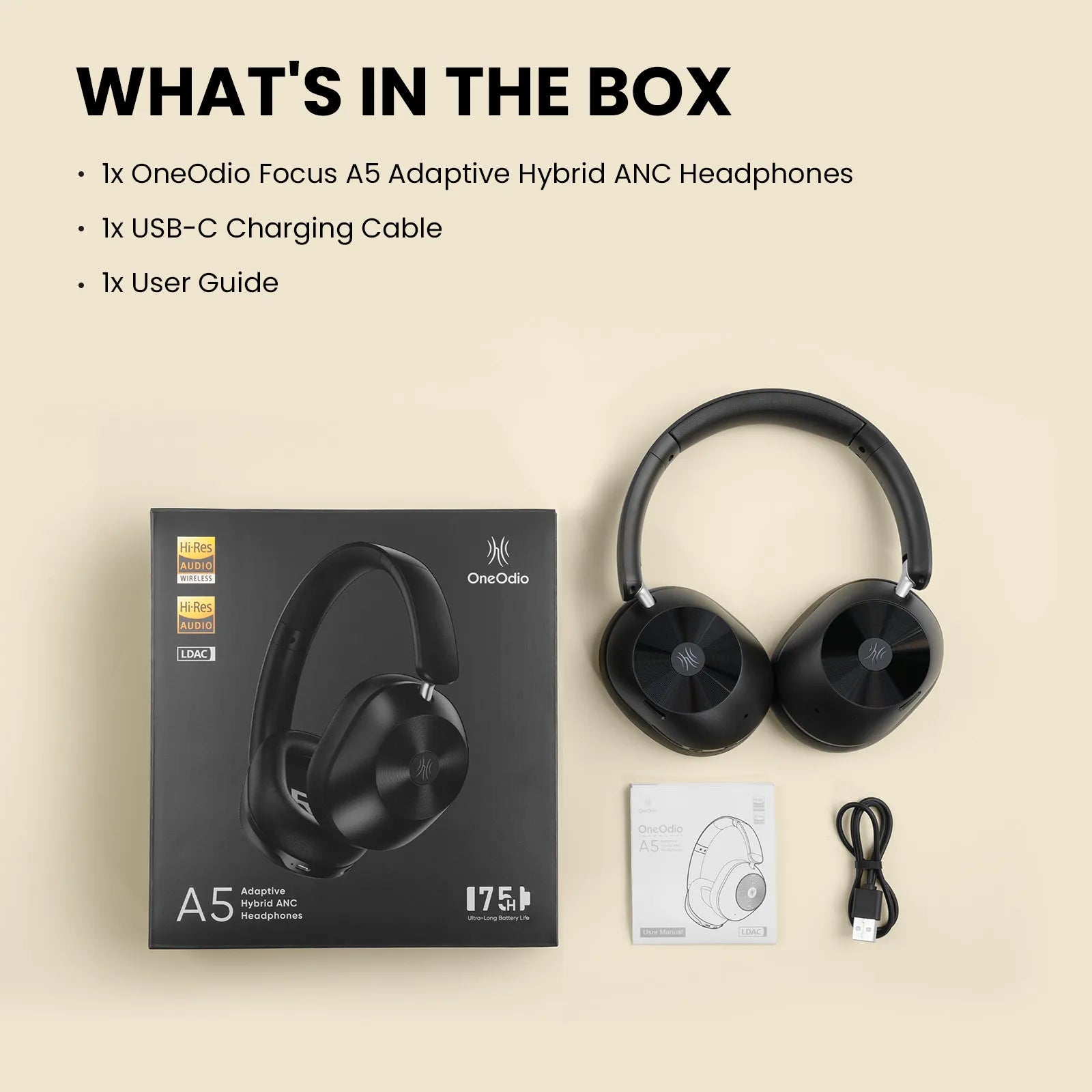 A5 Bluetooth 5.4 Headphones 43dB Hybrid Active Noise Cancelling Over Ear Wireless Headset Hi-Res LDAC Audio With ENC Mic