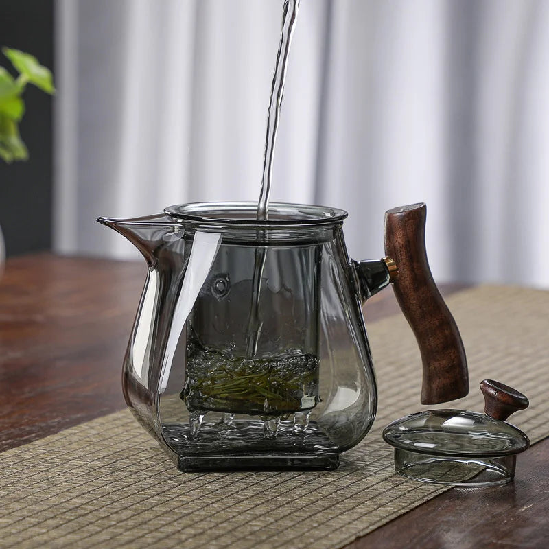Japanese Style Glass Teapot with Wooden Handle and Infuser