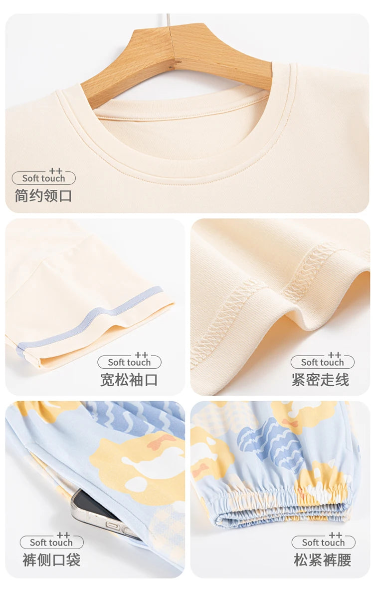 2-Pcs Women’s Cotton Pajama Set – Breathable Short Sleeve Summer Sleepwear with Cute Prints