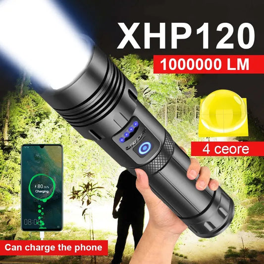 XHP120 LED Flashlight Rechargeable Zoom Tactical Torch with COB Side Light Power Bank Function