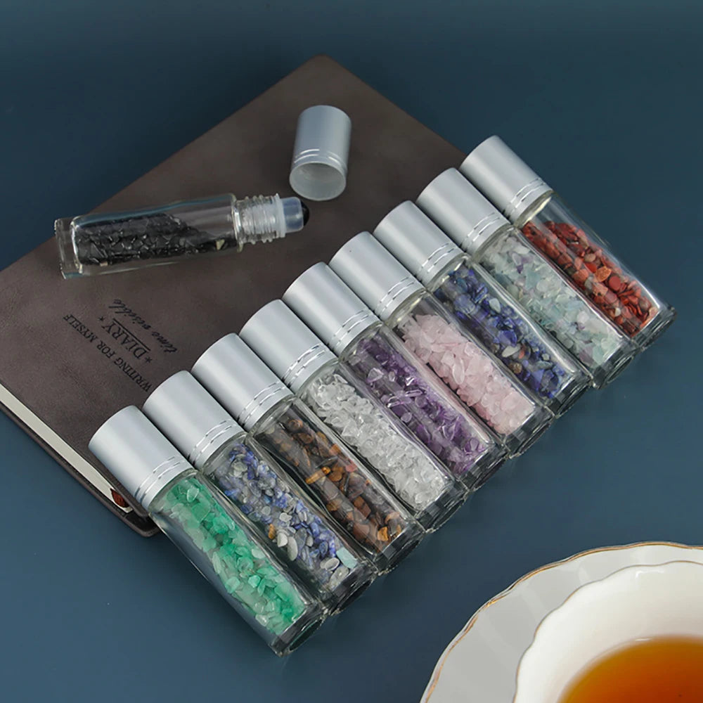 10pcs Glass Essential Oil Roller Bottles with Natural Gemstone Chips Refillable Roll-On Healing Crystal Bottles for Aromatherapy