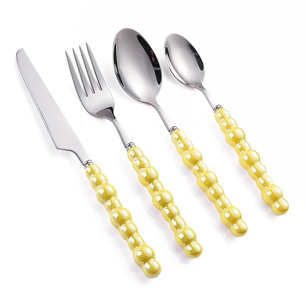 4Pcs Luxury Dinnerware Set Ceramic Pearl Handle Stainless Steel Spoon and Fork Set Western Silver Cutlery High-looking Tableware