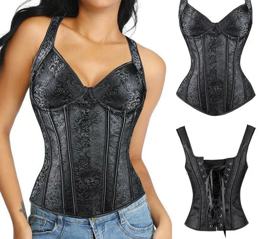 Women Corset with Straps Black Overbust Corset Plus Size Floral Jacquard Corset Zipper Top Gothic Steampunk Corset Bustier