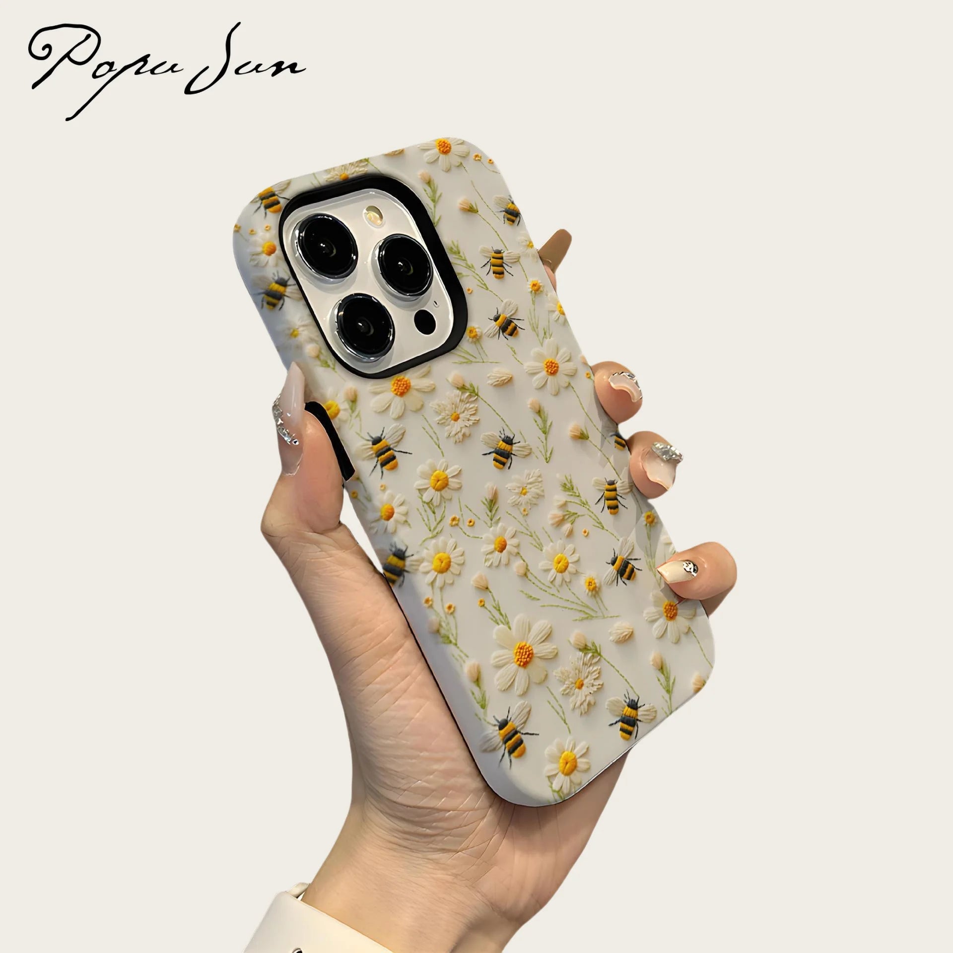 Luxury Embroidery Effect Bee Daisy Flower Phone Case for iPhone 16 15 Pro Max Plus 2 in 1 Hard Protective Cover