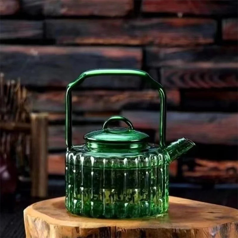 Green Bamboo Shape Glass Teapot with Built In Filter