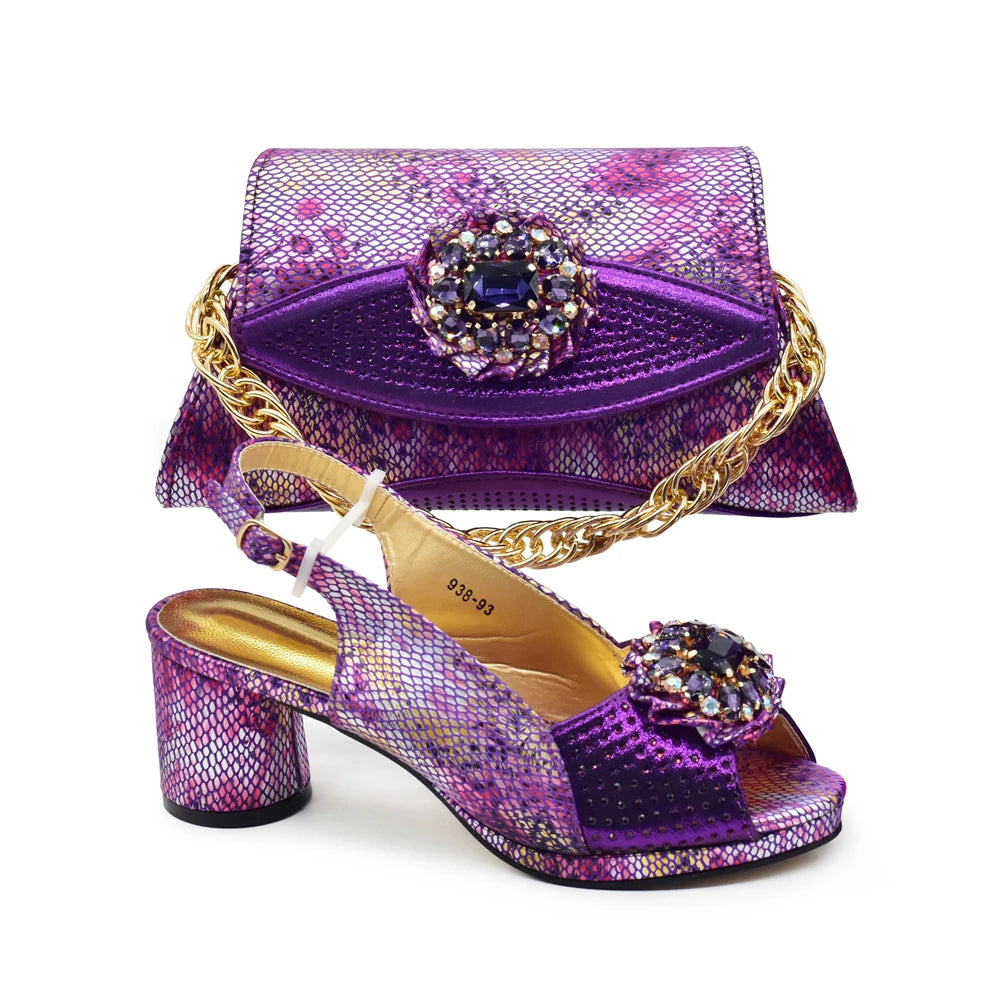 Purple Shoe and Bag Set for Party in Women  African Shoe and Bags Set for Party Elegant Rhinestone Wedding Shoes Bride