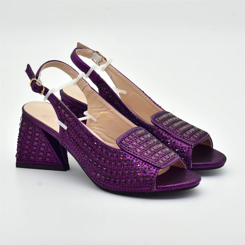Nigerian Women's Purple Color Mid Heels Frosted Crystal Shiny Rhinestone Party Itaian Design Peep Toe Shoes and Bag Set