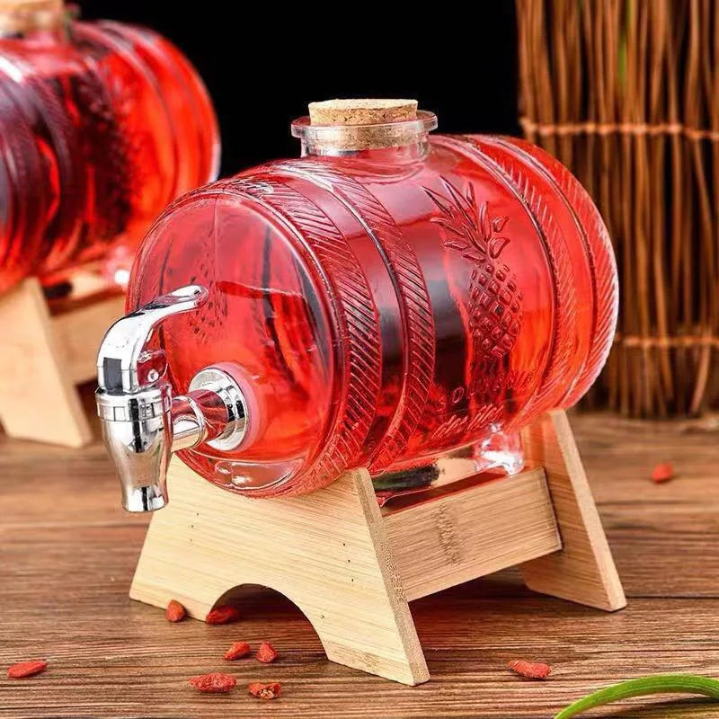 1L Glass Whiskey Barrel Wine Barrel Beer Bottle Fruit Aging Alcohol Honey Storage Container With Base Faucet Bar Tool