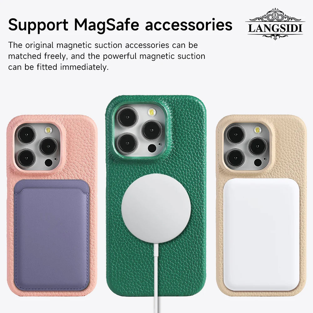 for Magsafe Case for iPhone 15 16 Pro Max Promax 16Pro Natural Cowhide Lychee Leather  Protector Luxury Phone Back Cover