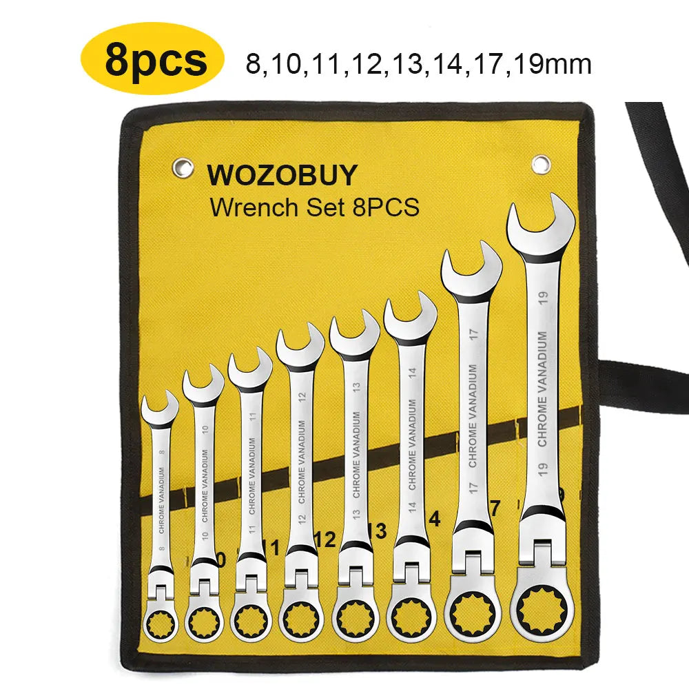 Metric Flex Head Ratcheting Combination Wrench Set 6–22mm 72-Tooth Cr-V Steel Spanner Set with Portable Storage Bag